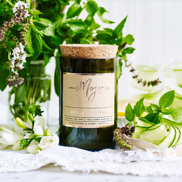 WILD BASIL & CUCUMBER - Reclaimed Wine Bottle Soy Wax Candle - Mojo ...